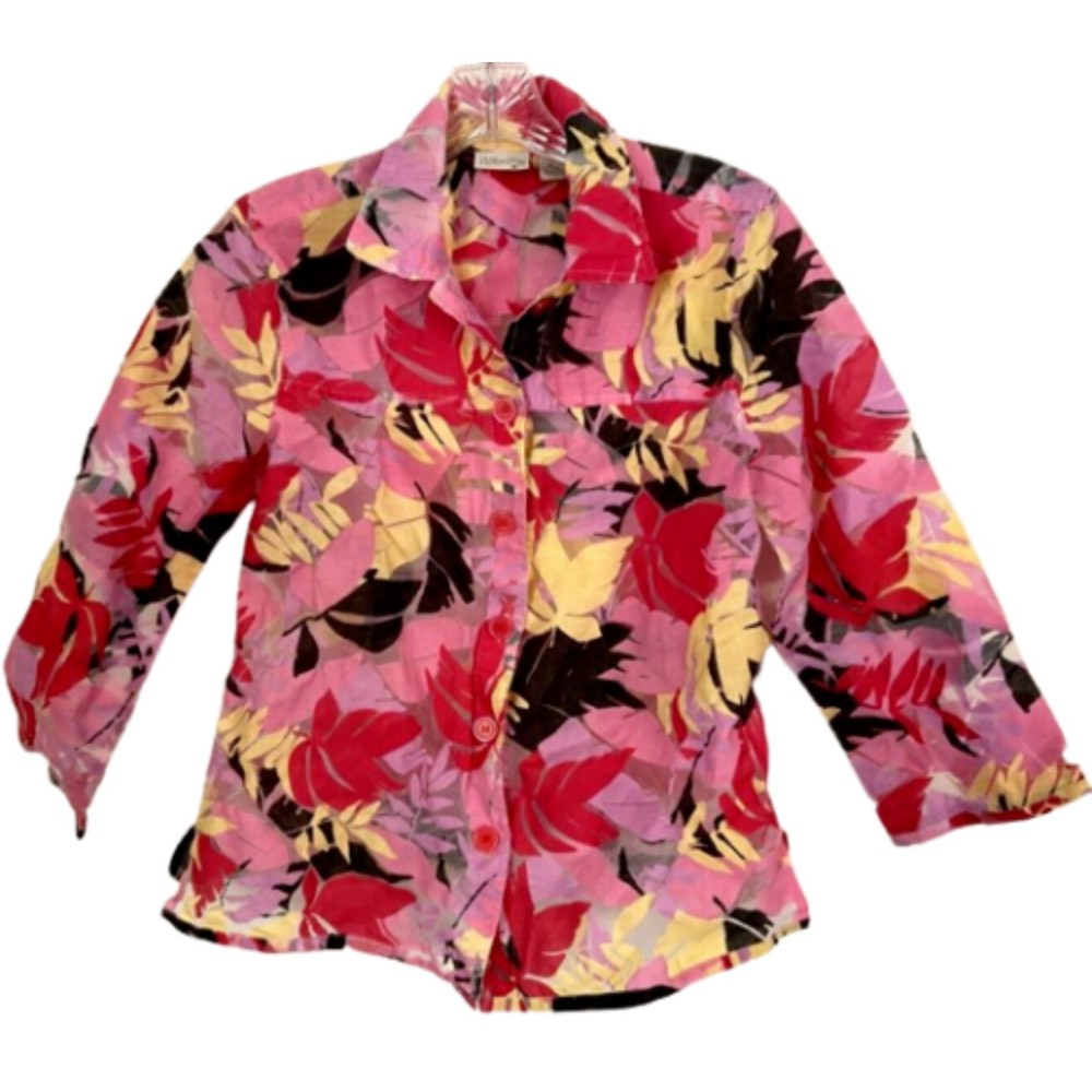 Willow Bay Womens size 6-8 Small Button Down Floral Leaves Blouse 3/4 Sleeves